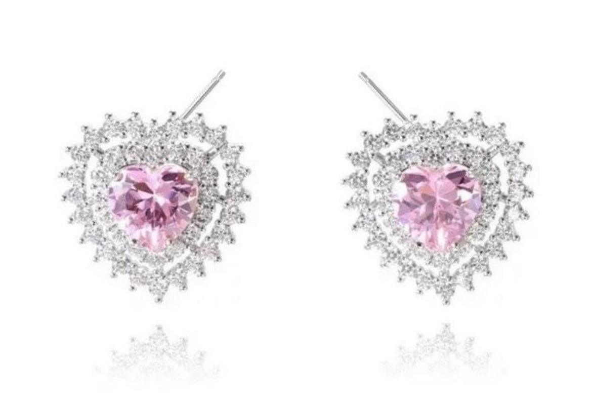 Silver Plated Pink Cubic Zirconia Double Heart Studs - AriJah's BOX