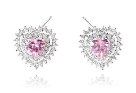 Silver Plated Pink Cubic Zirconia Double Heart Studs - AriJah's BOX